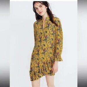 Madewell x Karen Walker Mustard Yellow Floral 100% Silk Ruffle Mini Dress Size 0